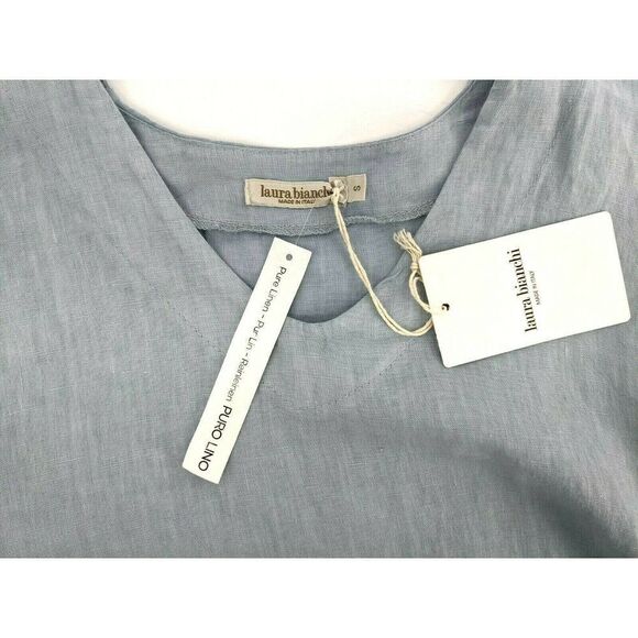 Laura Bianchi Italy Light Blue Linen Top Shirt Ruffle Blouse V-neck New - Picture 4 of 11